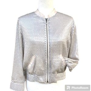 New Club Monaco 100% Silk Sequined Jessica Bomber Jacket Silver Cream Zip Up